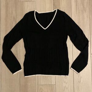 Black V-Neck Sweater with White Trim - Women’s Small